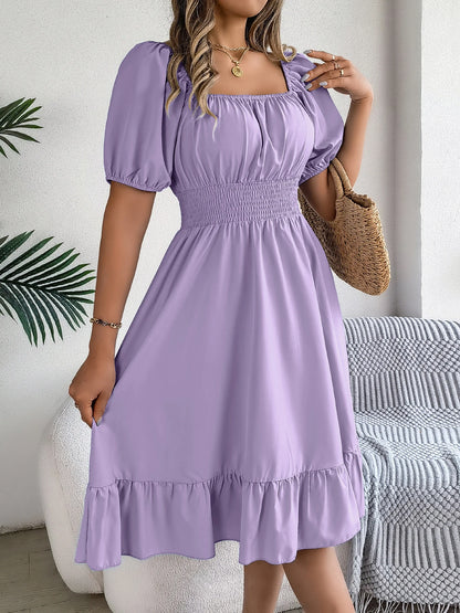Spring Summer Elegant High Waisted Dress Square Neck Short Sleeved Ruffled Edge Long Dresses 2026 Valentine's Day Woman Clothing