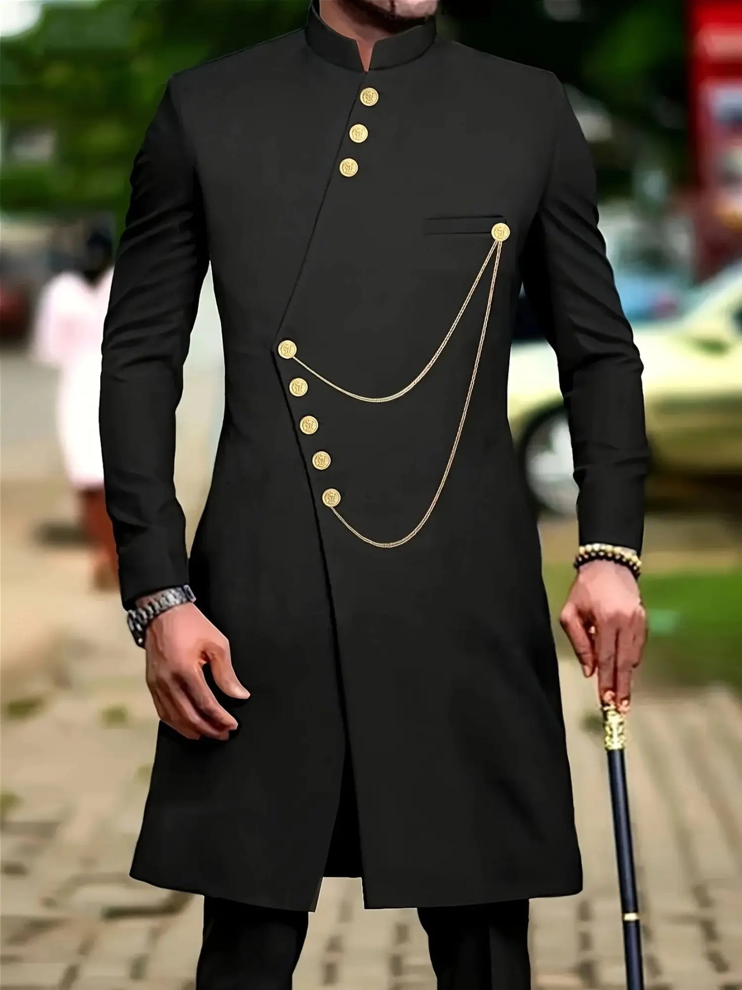 Men's casual two-piece suit set with long sleeves, mid-length jacket and trousers.