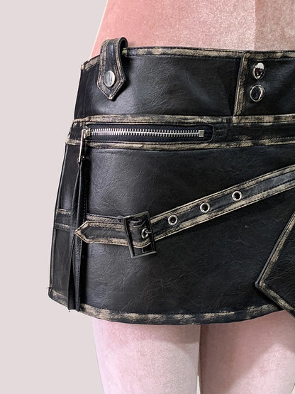 Mauroicardi Summer Distressed Black Pu Leather Mini Asymmetrical Skirts for Woman High Waist Short Emo Clothes New Arrivals 2025