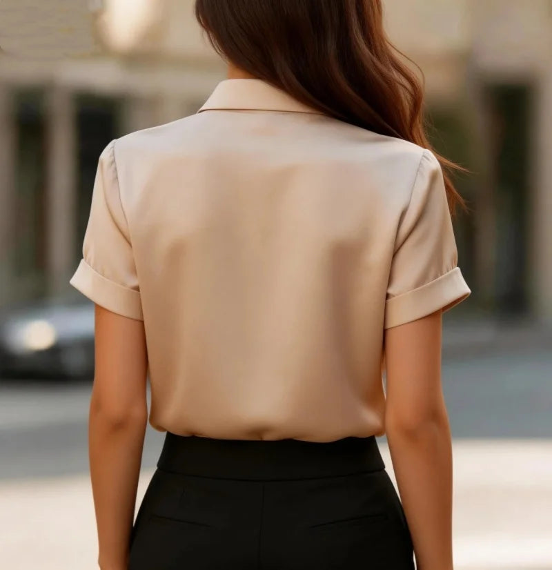 Women's Short Sleeve Blouse With Neck Tie Collar Elegant Office Shirt