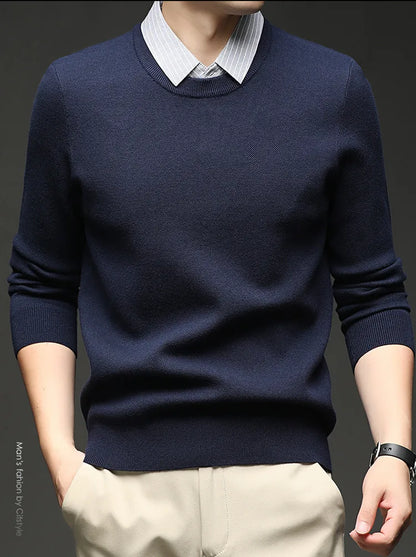Men's 500g Wool-Blend Knit Sweater - Camel Fake Layered Collar (Black/Navy/Light Gray) Vintage Business Casual Style