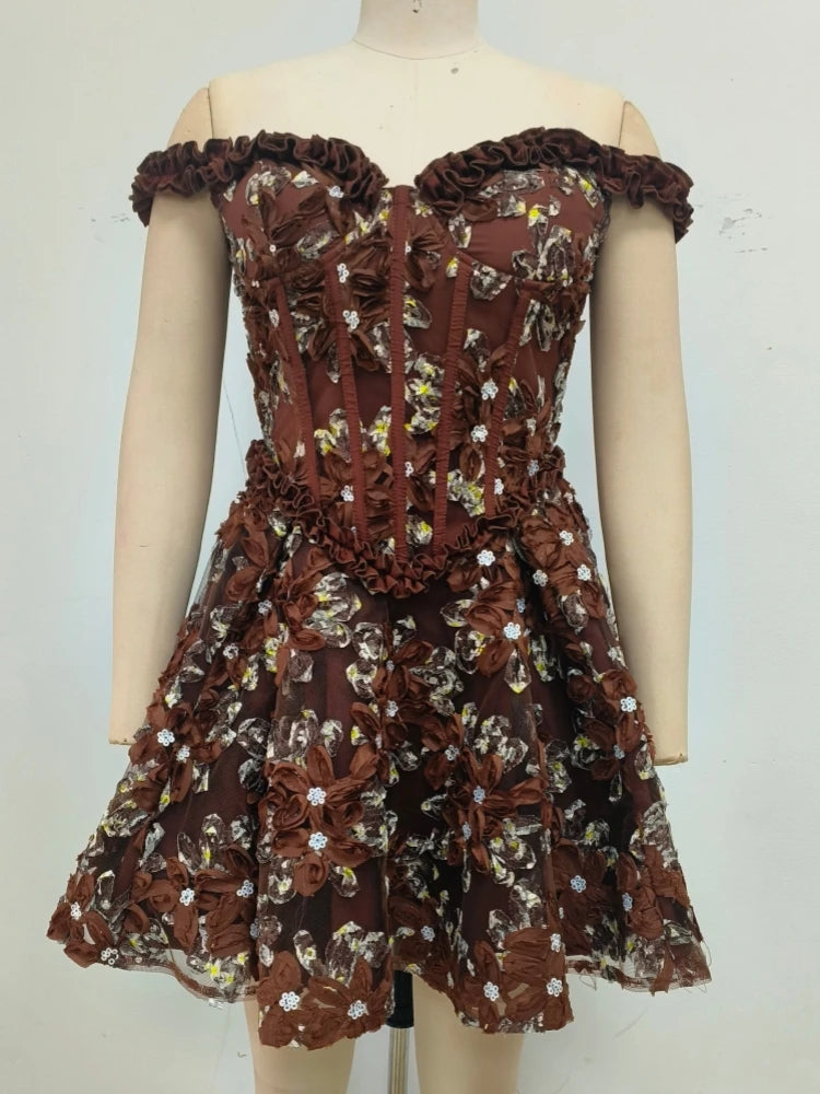 Sexy Off The Shoulder Floral Embroidery Mini Dress Women Ruffles Sleeveless Backless Flowers A-line Dresses Evening Party Gowns