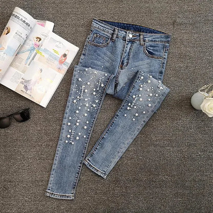 VWBQNZ Nailed Bead Jeans Women Spring/Summer New Versatile Hole Breaking Elastic Skinny Pencil Pants Female Casual Denim Pants