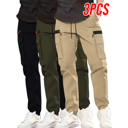 3-Pack Men's New Multi-Pocket Cargo Pants, Zipper Design Straight Leg Trousers, Stylish Fit and Comfortable Fabric