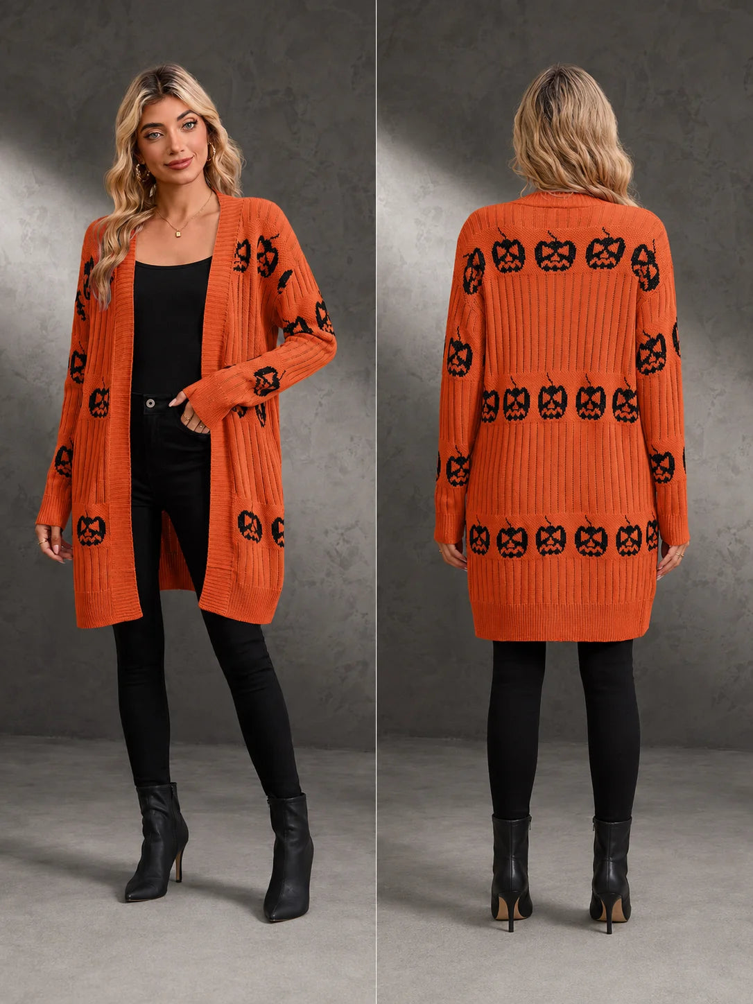 Women Halloween Open Front Cardigan, Pumpkin Face Jacquard Knit Long Sleeve Cardigan, Loose V‑Neck Mid‑Length Sweater Coat with Pockets