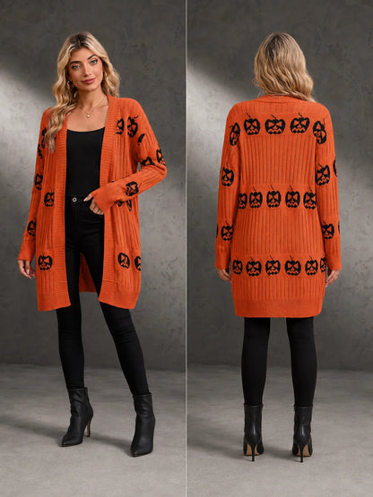 Women Halloween Open Front Cardigan, Pumpkin Face Jacquard Knit Long Sleeve Cardigan, Loose V‑Neck Mid‑Length Sweater Coat with Pockets