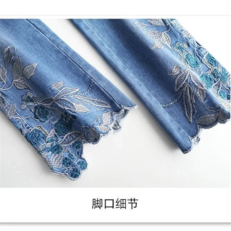 2025 Spring/Summer New Thin Embroidered Jeans Women's Stretch Embroidered Nine Part Pants Retro Versatile Micro Bellbottom Pants