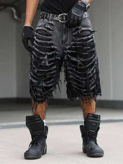 Men's Gothic Vintage Aesthetic Black Washed Ripped Denim Shorts, Summer Trendy Loose Raw Edge Fringed Five-Point Pants