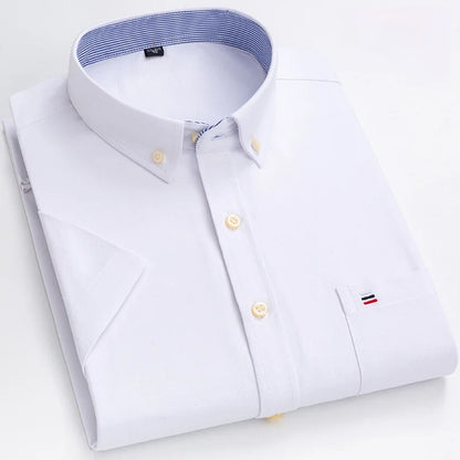 New Men's Social Shirt Short Sleeve 100% Pure Cotton Oxford Soft Buttoned Plaid Formal Male Clothes Pocket Social Shirt S-7XL