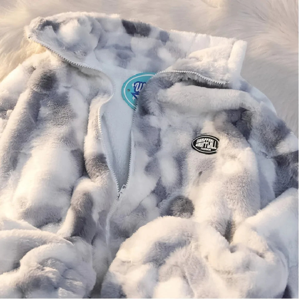 New Women's Tie Dye Lamb Fleece Jacket Autumn Winter Zipper Outerwear Warm Plush Jackets