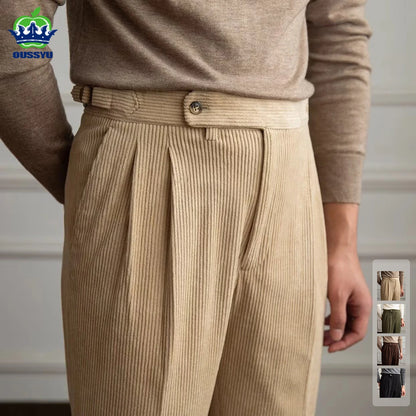 Classics Italian Naples Style Men's Suit Corduroy Pants Men High Waist Straight Work Formal British Business Brand Trousers Male