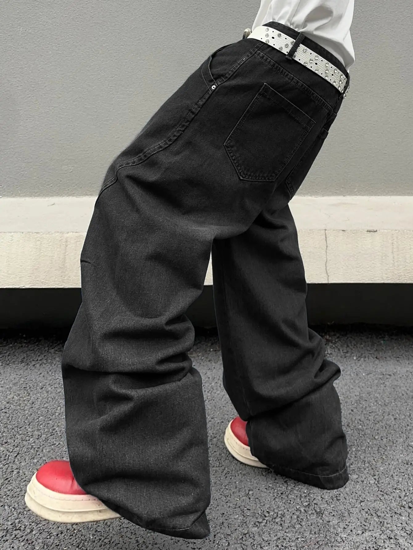 Men's Black Faded Baggy Wide Leg Jeans Unique Curved Seam Detail Hip Hop Street Style Casual Daily Going Out Loose Fit Denim Trousers