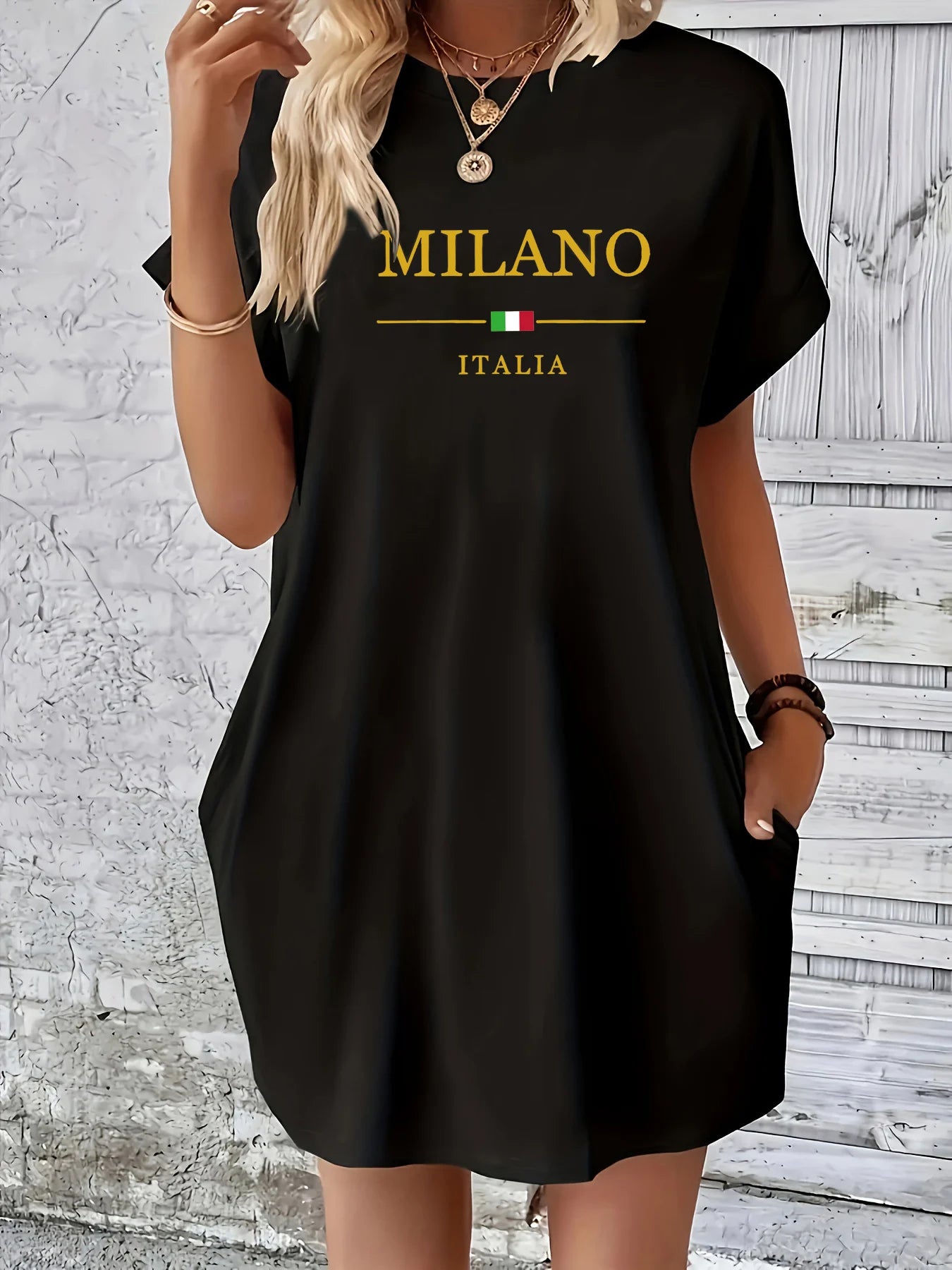 Ladies' summer loose MILANO ITALIA letter pattern printed round neck short sleeved pocket comfortable casual plus size dress