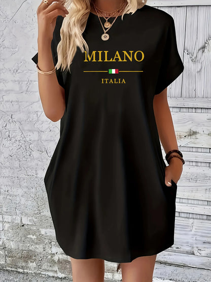 Ladies' summer loose MILANO ITALIA letter pattern printed round neck short sleeved pocket comfortable casual plus size dress