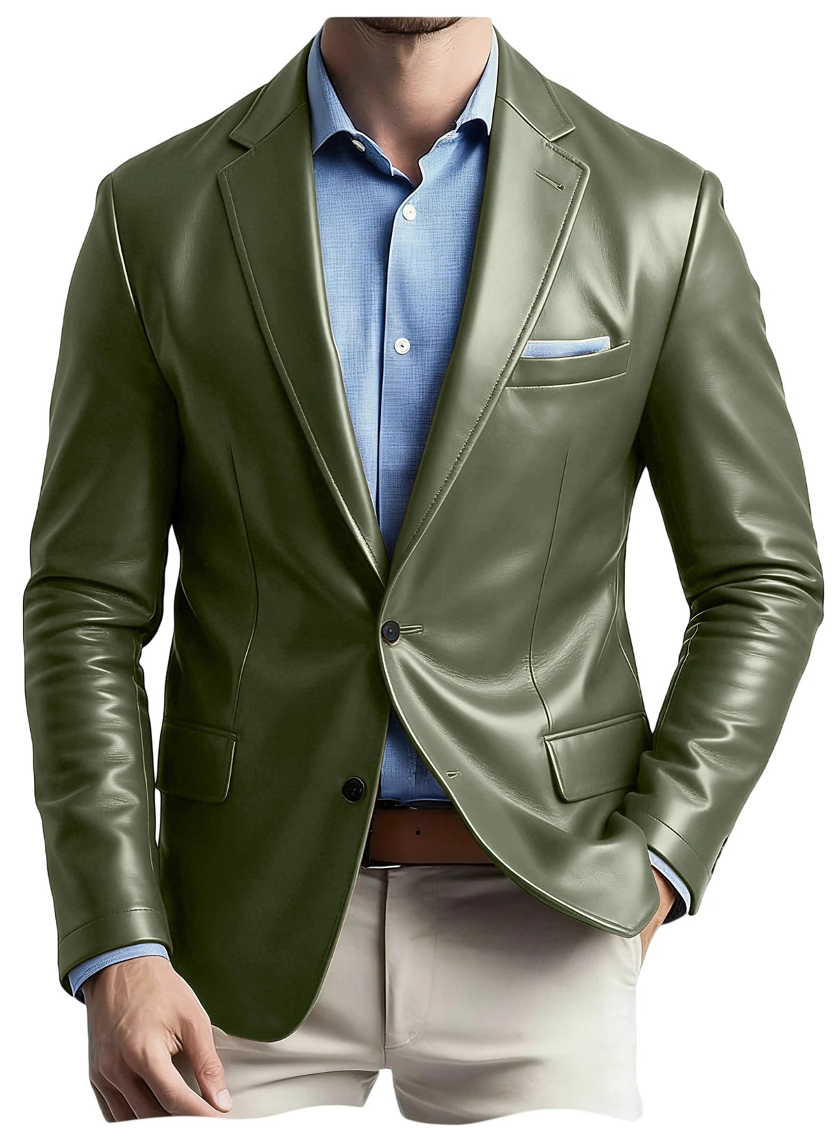 Men's Faux Leather Blazer Notch Lapel Flap Pockets Slim Fit Suit Jacket Coats For Casual Business Wedding Party