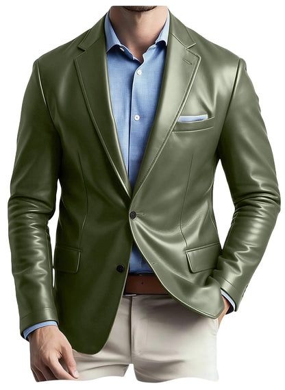 Men's Faux Leather Blazer Notch Lapel Flap Pockets Slim Fit Suit Jacket Coats For Casual Business Wedding Party