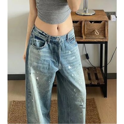 Women Designer High Waisted Jeans Pants Female Chic Print Baggy Denim Pants Girls Fashion Thin Straight Leg Jeans Trousers