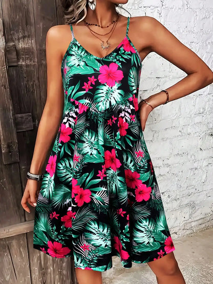 Summer Vacation Style Print V-Neck Spaghetti Strap Dress，Camisole Dress for vacation outfits,bohemia dresses for women summer