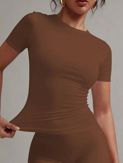 Women's White Solid Round Neck Short Sleeve Fitted T-Shirt for Summer Casual Wear