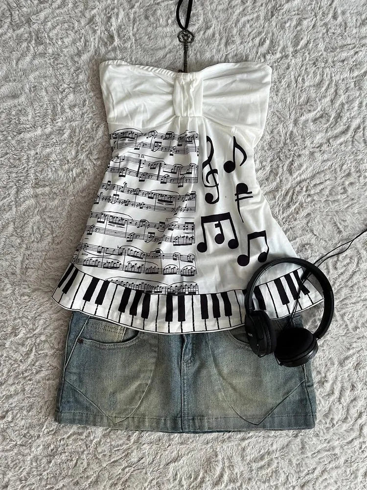 Summer Music Note Piano Key Print Halter Tops Women