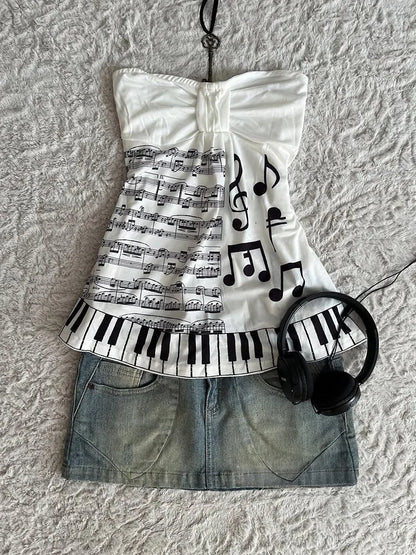 Summer Music Note Piano Key Print Halter Tops Women