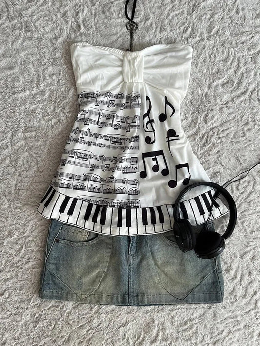 Summer Music Note Piano Key Print Halter Tops Women