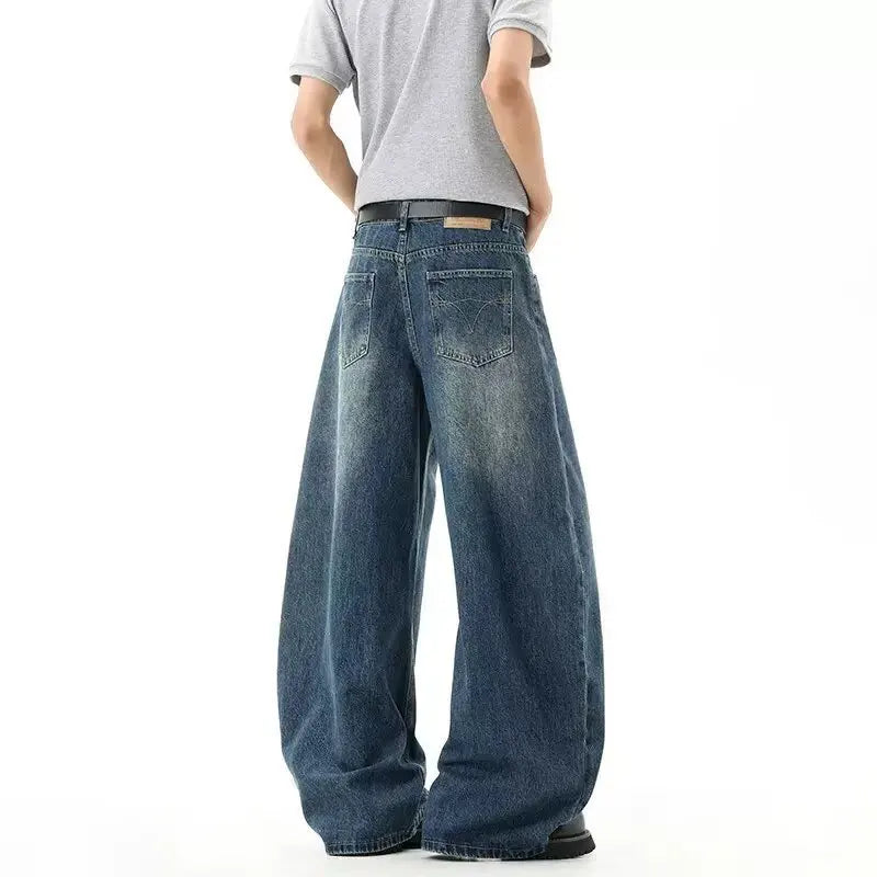 QICHE Men American Vintage Irregular Deconstructed Curved Jeans Loose Wide Leg Designer Casual Trousers