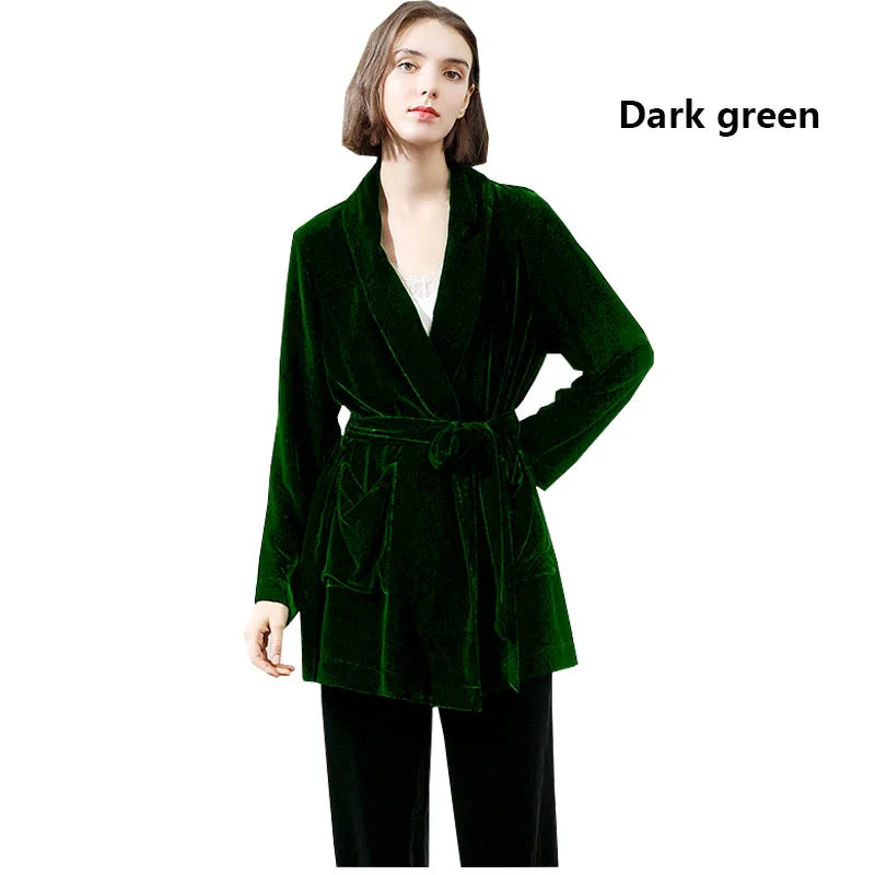 Mulberry Silk Velvet Lady Coat Blue Cardigan Lace-up Top Temperament Generous Business Leisure Outdoor Travel Spring and Autumn