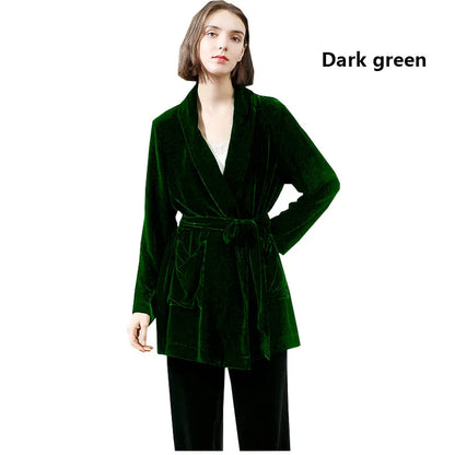 Mulberry Silk Velvet Lady Coat Blue Cardigan Lace-up Top Temperament Generous Business Leisure Outdoor Travel Spring and Autumn