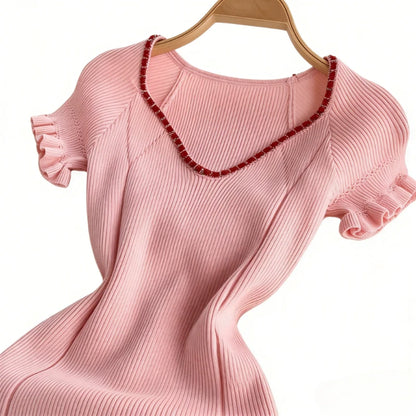Women's Pink Short Sleeve Ruffle Trim V-Neck Sundress Trim Stretchy Ribbed Knit Bodycon Mini Dress Casual Party Clubwear Dress