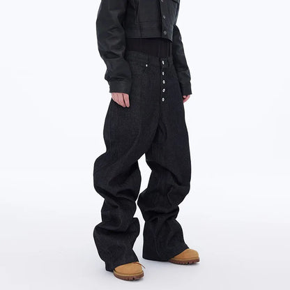 High Street Retro Buckle Design For Men'S Jeans Street Ruff And Handsome Loose Casual Wide Leg Pants Black Jeans