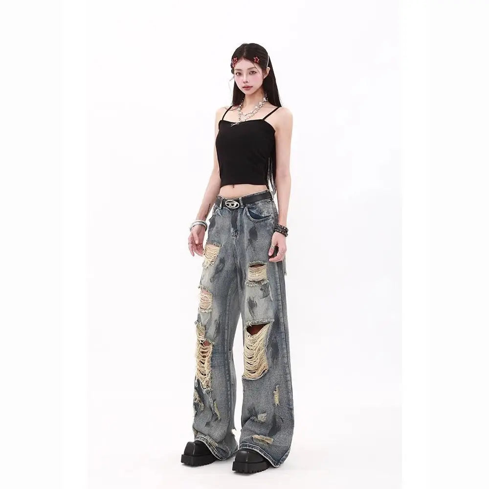 Oversize Blue Ripped Old Hot Girl Y2k American Retro High Waist Fashion Men And Women Hip Hop Straight Loose Wide Legs Jeans