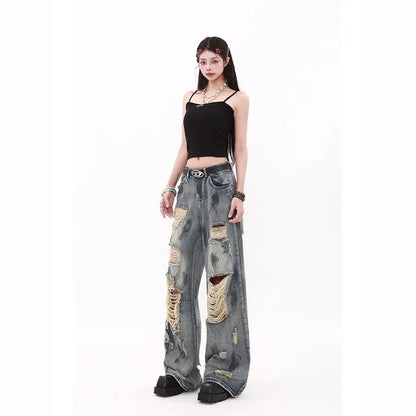 Oversize Blue Ripped Old Hot Girl Y2k American Retro High Waist Fashion Men And Women Hip Hop Straight Loose Wide Legs Jeans