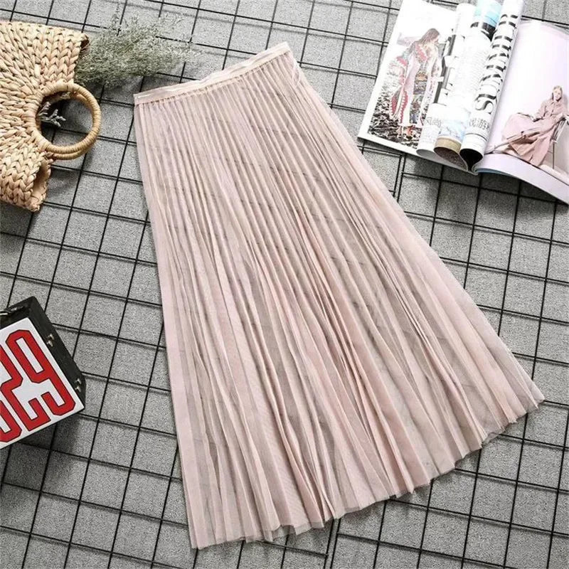Women Sexy Mesh Lace Transparent Long Tulle Skirt Korean Fashion Summer Ladies Elastic High Waist Black White Beach Midi Skirt