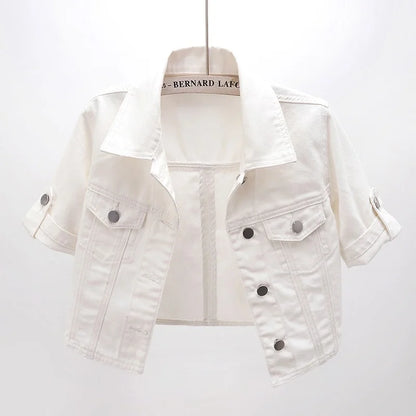 Summer White Short Women Denim Jacket Thin Slim Outerwear Half Sleeve Jeans Jackets Female