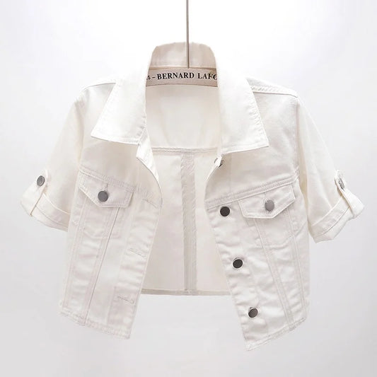 Summer White Short Women Denim Jacket Thin Slim Outerwear Half Sleeve Jeans Jackets Female