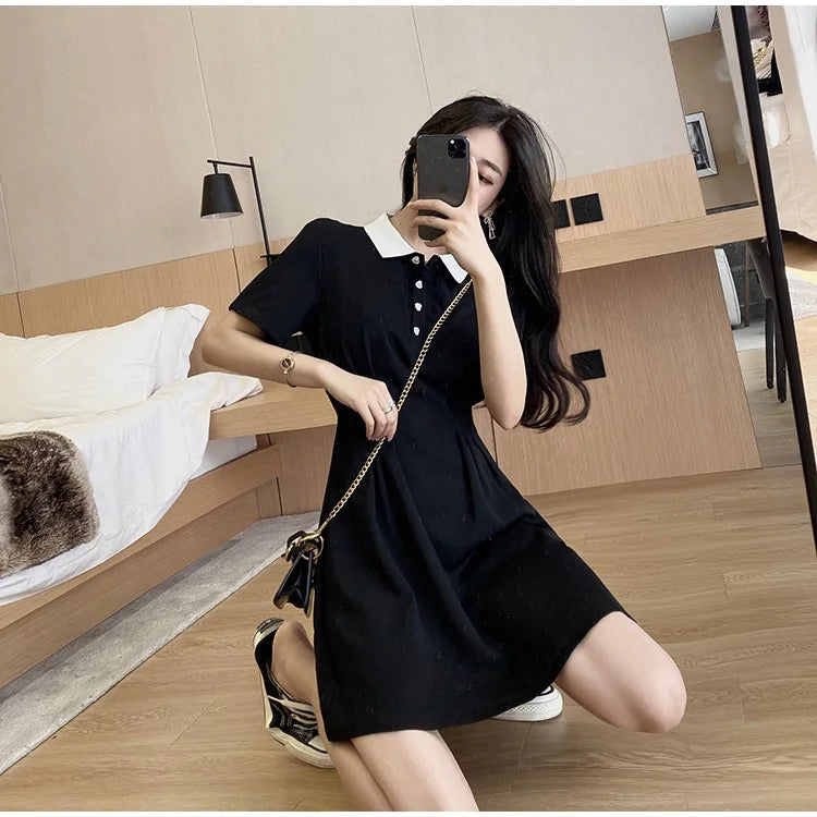 Women's Contrast Collar Polo Dress Summer Short Sleeve Button Front A Line Casual Mini Dress