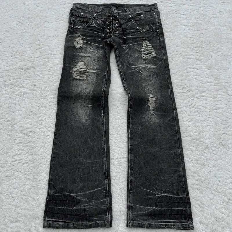 Fashionable high street double waisted lace up micro flared women jeans Y2K retro Harajuku washed design for men and women jeans