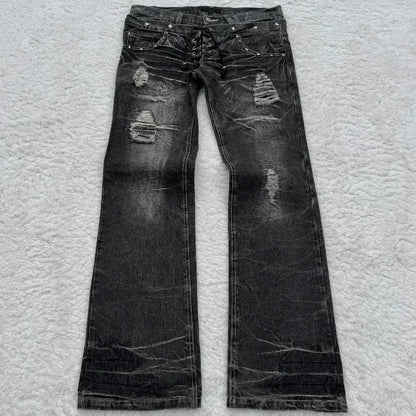 Fashionable high street double waisted lace up micro flared women jeans Y2K retro Harajuku washed design for men and women jeans