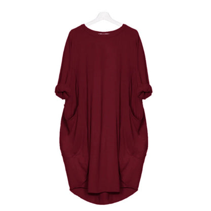 Women's summer casual fashion loose plus size solid color multi-color optional round neck long sleeved dress