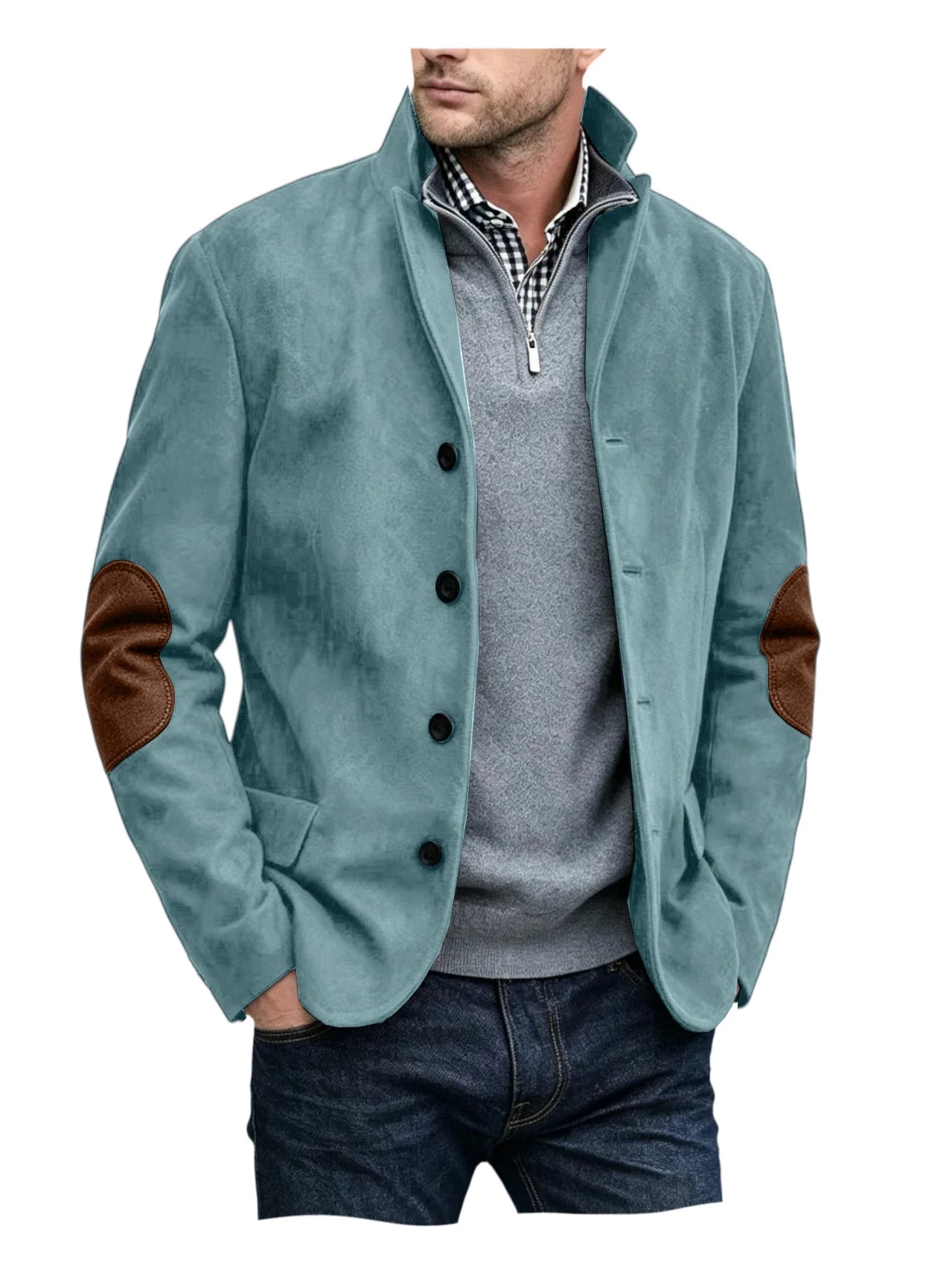 Vintage Men's Suede Blazer Notch Lapel Elbow Patches Slim Fit Jacket Business Casual Men Fashion Outerwear for Spring Autumn