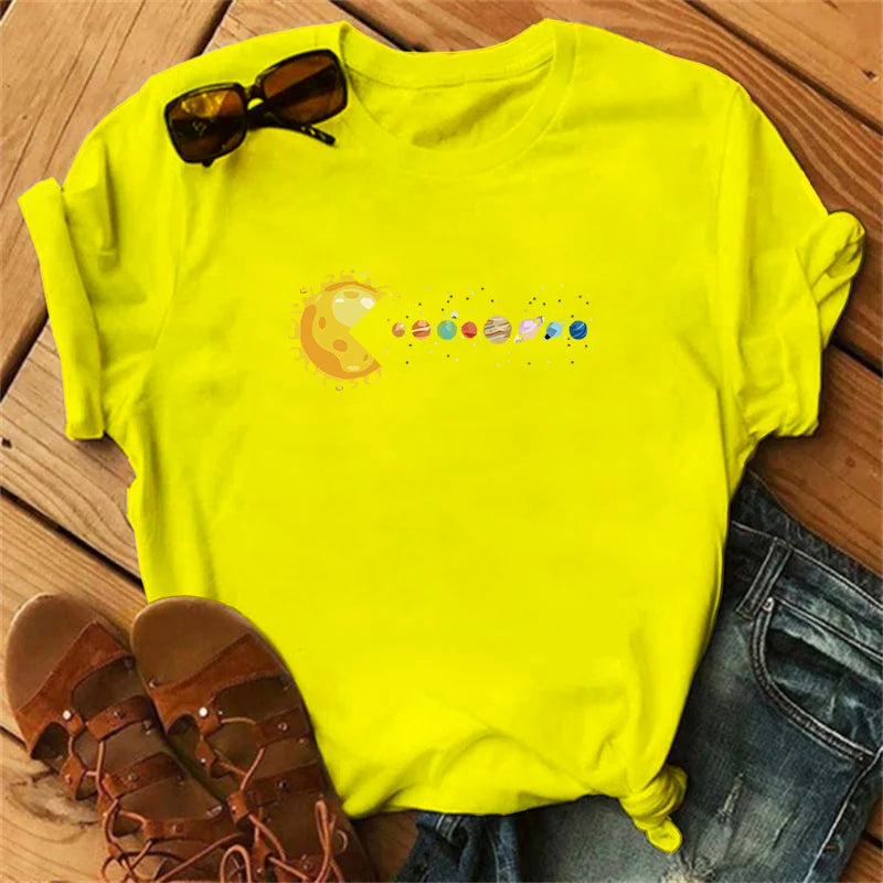 Planetary-themed solar system print T-shirt for women, luxury brand T-shirt, summer fashionable short-sleeved T-shirt