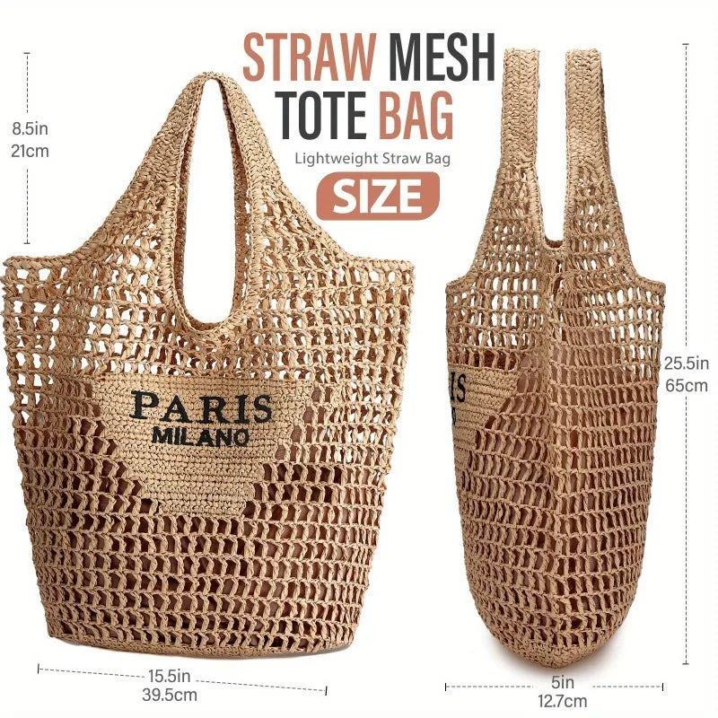 Summer Straw Beach Bag New Woven Bag Straw Mesh Tote Bag Foldable Large Capacity Womens Crossbody Shoulder Bag Purse for Holiday