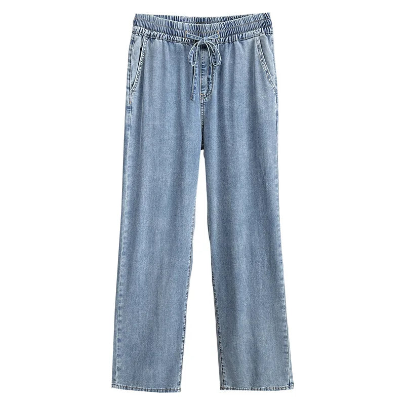 Summer 100KG Plus Size Thin Wide Leg Jeans Casual Premium Drawstring Elastic Waist Lyocell Denim Straight Pants For Women 9365