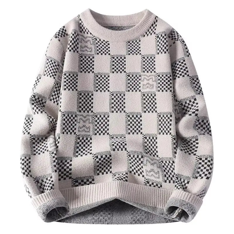 Checkered sweater for men's autumn and winter new fashion brand jacquard knitted sweater with half high collar and bottom layer