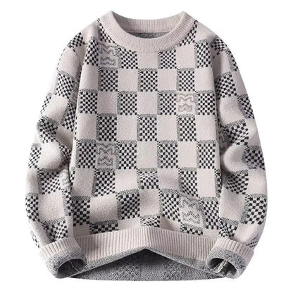 Checkered sweater for men's autumn and winter new fashion brand jacquard knitted sweater with half high collar and bottom layer