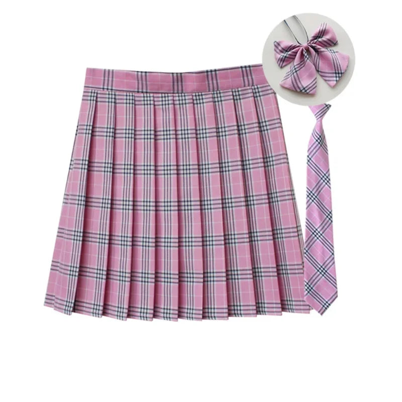 Women Summer Plaid Pleated Skirt With Necktie Bowtie Korean Jk Skirt Uniform Japanese School Preppy A Line Mini Skirts
