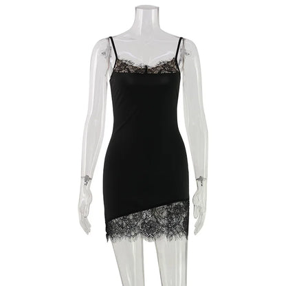 Lace Patchwork Dresses Women Fashion Sexy Solid Sleeveless Slash Neck Sheath Sheath Mini Vestidos Robe Female Fit Party Gown