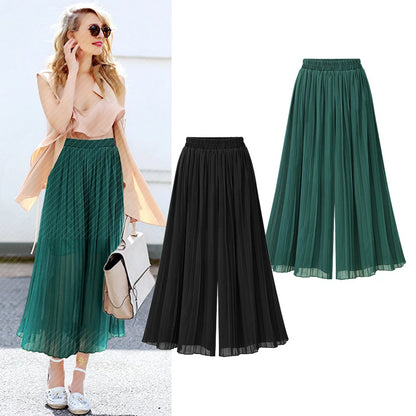 Loose Wide Leg Plus Size Pants Women Summer Fashion Streetwear Pleated Pants Skirts Elastic Waist Culottes Black Green Trousers