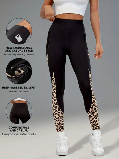 Women's High Waist Leopard Print Leggings Slim Fit Sports Pants Side Pockets Activewear